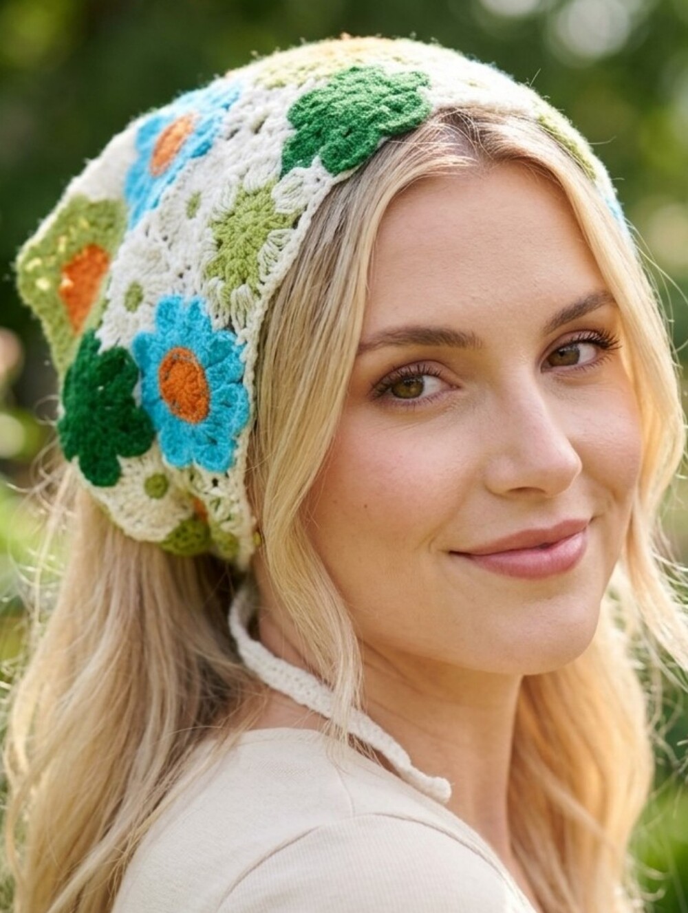 Handmade Crochet Floral Headscarf in White with Blue & Green Flowers